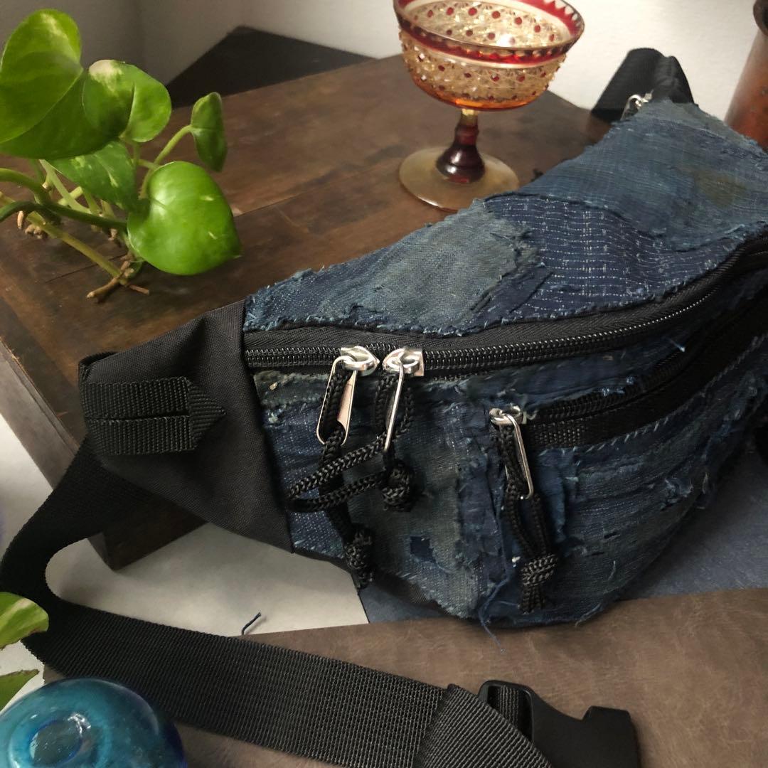 ま*ー様 3つのポッケのウエストポーチ/藍染/襤褸