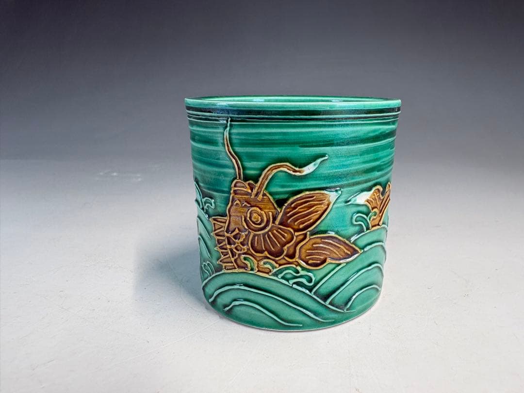 【中古品】茶道具　中村翠嵐造　青交趾荒磯蓋置（共箱）