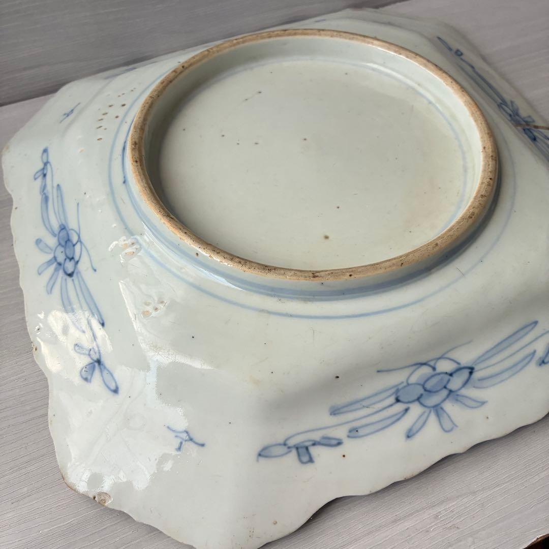 染付 隅切角皿　約26.5㌢皿 飾り皿 骨董 呉須　鑑賞用　霊芝花瓶文 金継ぎ用
