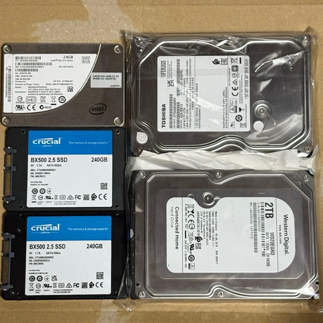 ジャンク Crucial 240GB SSD 2枚 2TB HDD 2台 他3
